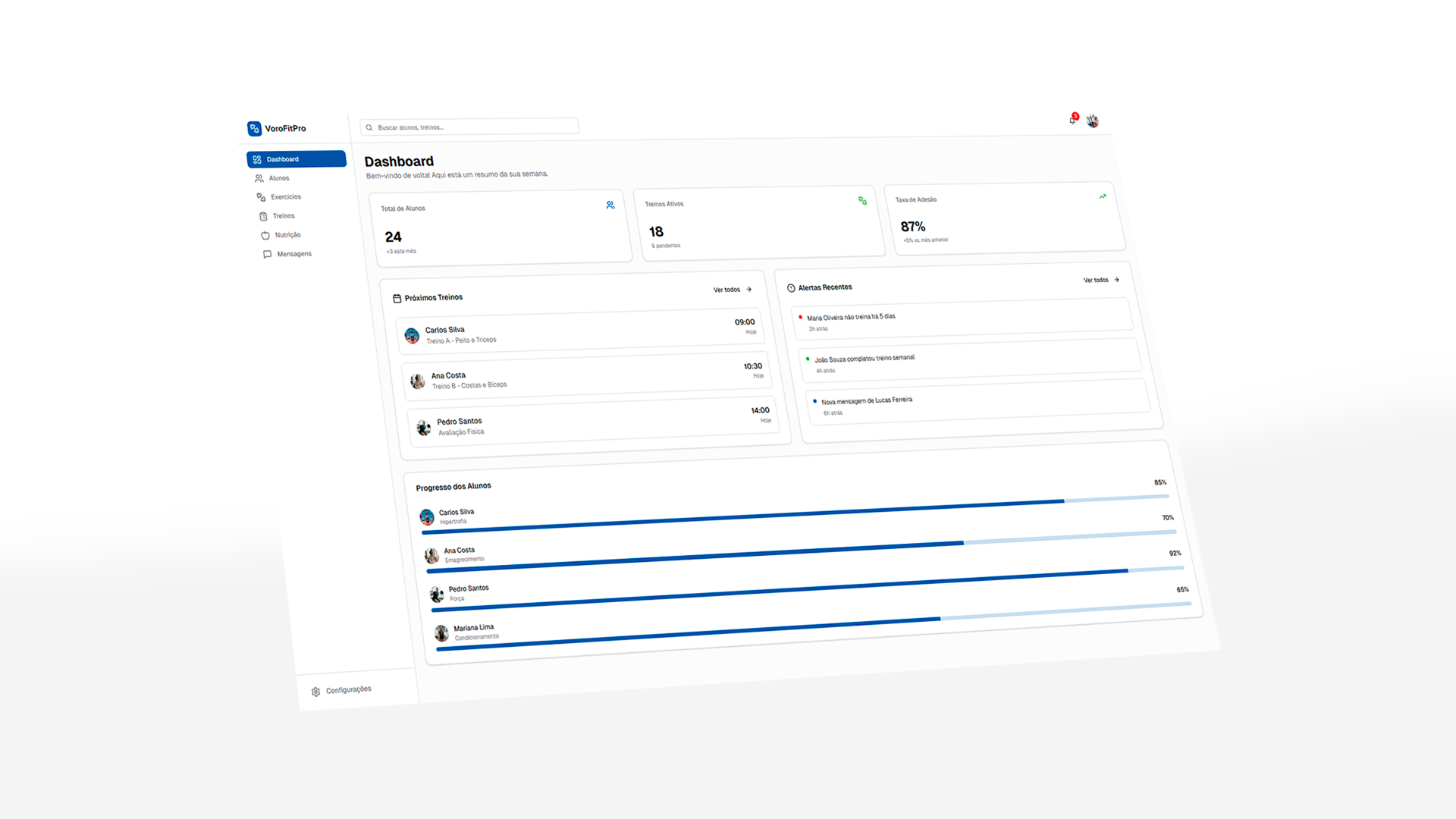 Dashboard do VoroFitPro mostrando gestão de alunos e treinos